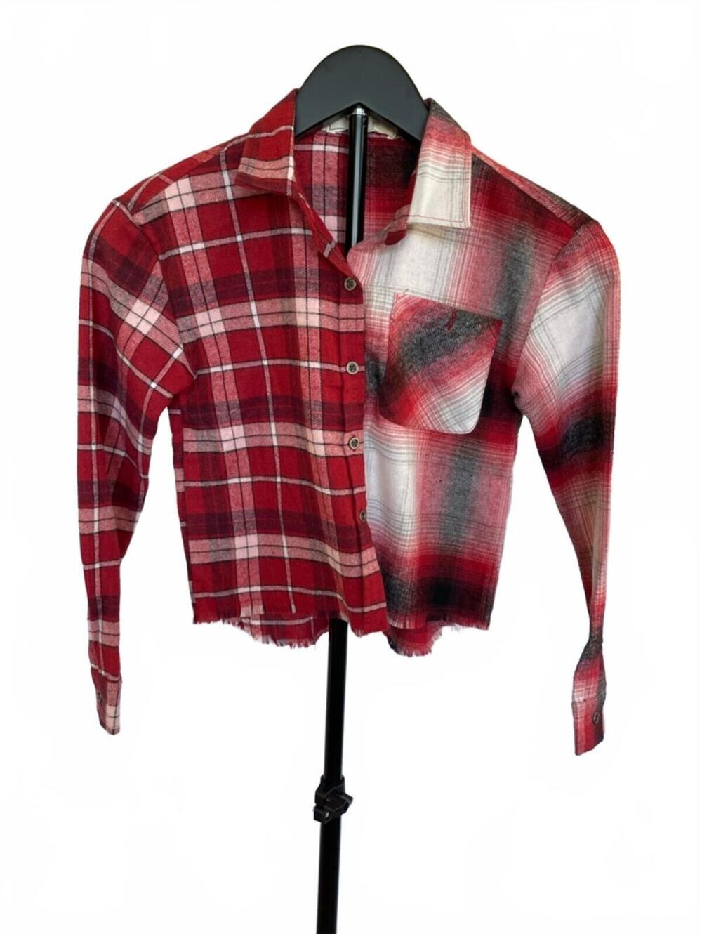 Girls Patchwork Plaid Shirt Size 7 Cropped Flannel Grunge Raw Hem New with tags